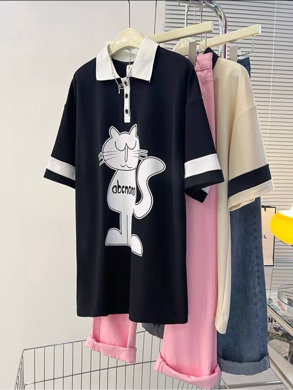 Black Polo Tee with White Cat Graphic size Xl